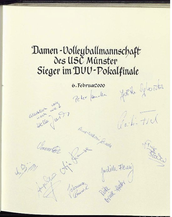 Eintrag ins Goldene Buch der Stadt Münster am 6. Februar 2000 — Damen-Volleyballmannschaft des USC Münster, Sieger im DVV-Pokalfinale